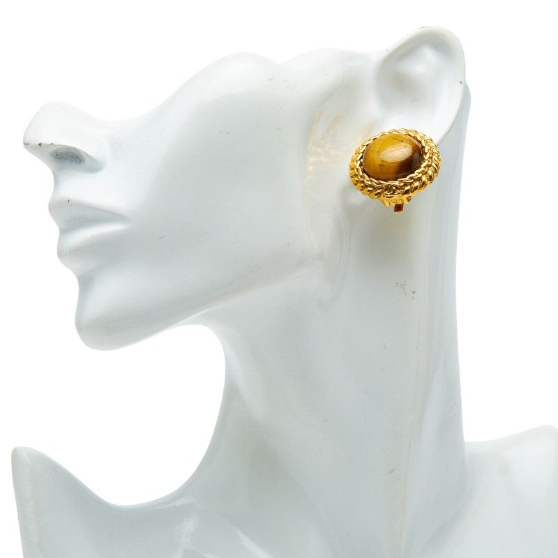 Chanel CC Logo Round Earrings Gold Brown Plated Tiger — view 5
