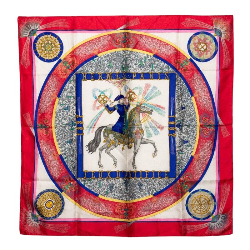 Hermes Carre 90 Feux D'artifice Fire of Skill Scarf Large Red Multi Color Silk