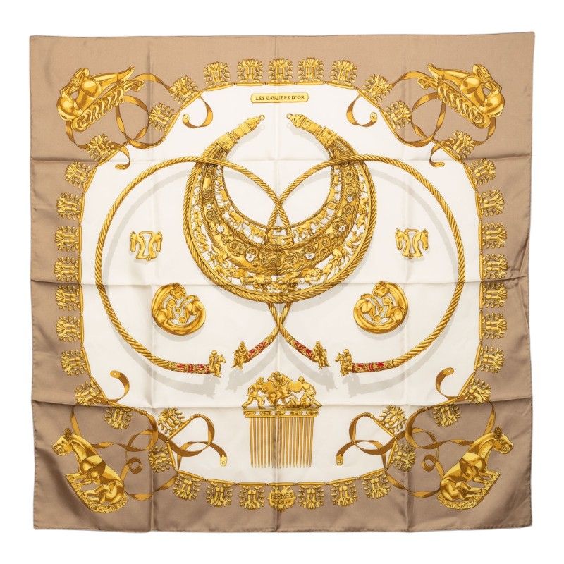 Hermes Carre 90 les Cavaliers D'or Yellow Gold Knight Scarf Large Beige Multi