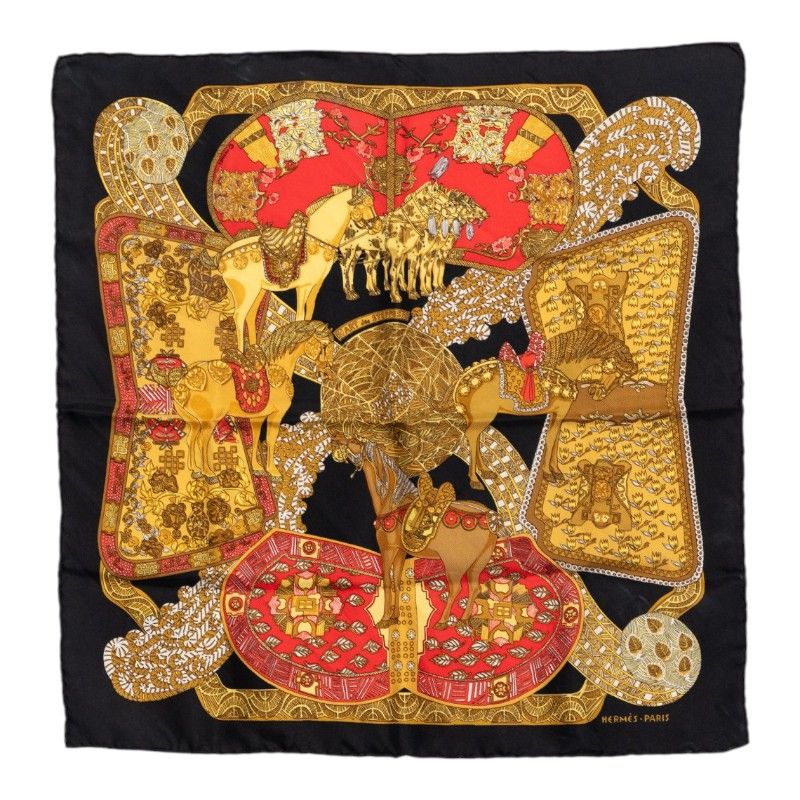 Hermes Carre 45 Art Des Steppes Scarf Black Multi Color Silk
