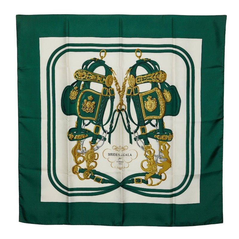 Hermes Carre 90 Brides de Gala Ceremonial Bridle Scarf Green Multi Color