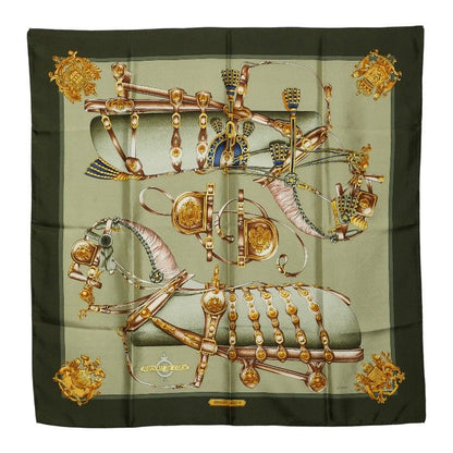 Hermes Carre 90 Harnais de Cour Royal Horse Gear Scarf Khaki Green Multi Color