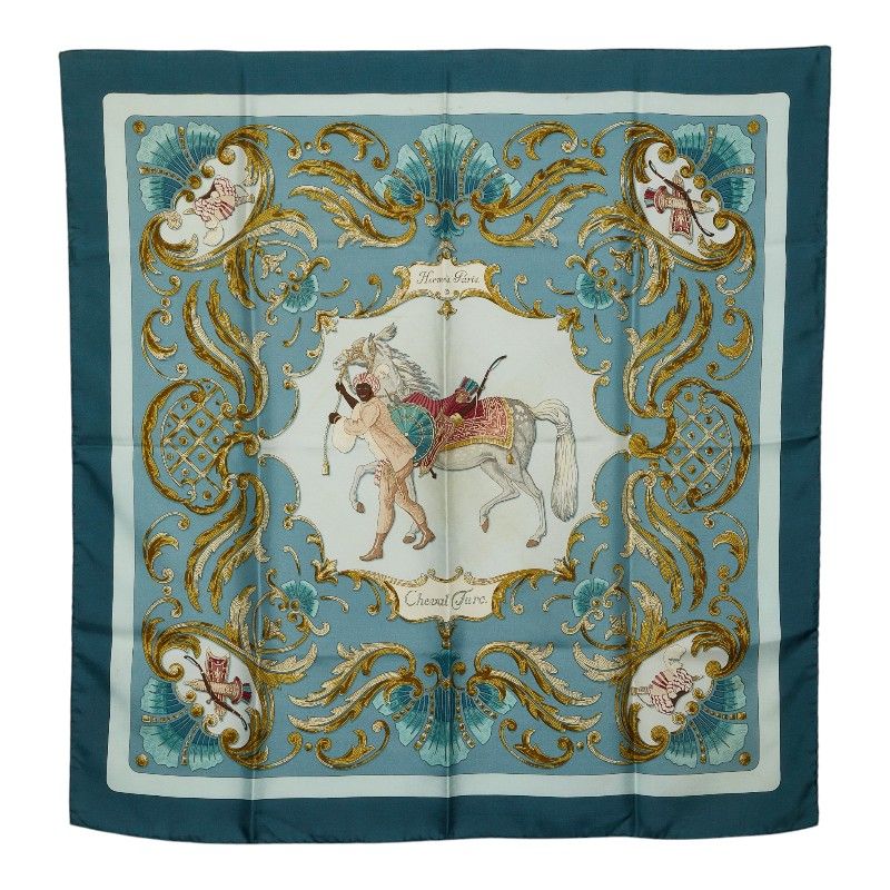 Hermes Carre 90 Cheval Turc Turkish Horse Scarf Green Multi Color
