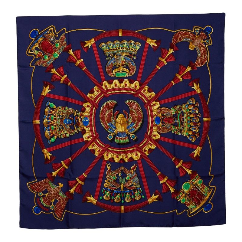 Hermes Carre 90 Caty Ancient Egypt Scarab Pattern Scarf Navy Multi Color