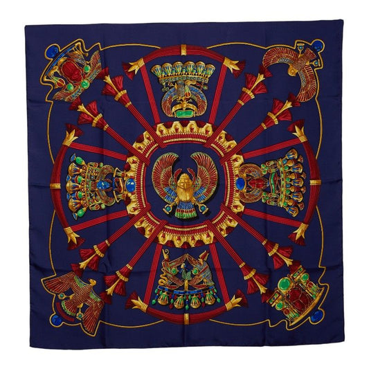 Hermes Carre 90 Caty Ancient Egypt Scarab Pattern Scarf Navy Multi Color