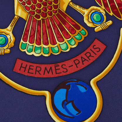 Hermes Carre 90 Caty Ancient Egypt Scarab Pattern Scarf Navy Multi Color — view 3