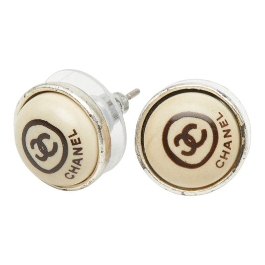 Chanel CC Logo Stud Earrings Beige Metal Plastic
