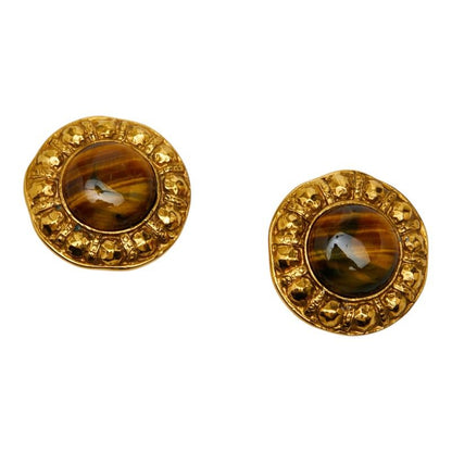 Chanel Round Earrings Gold Brown Plated Tiger
