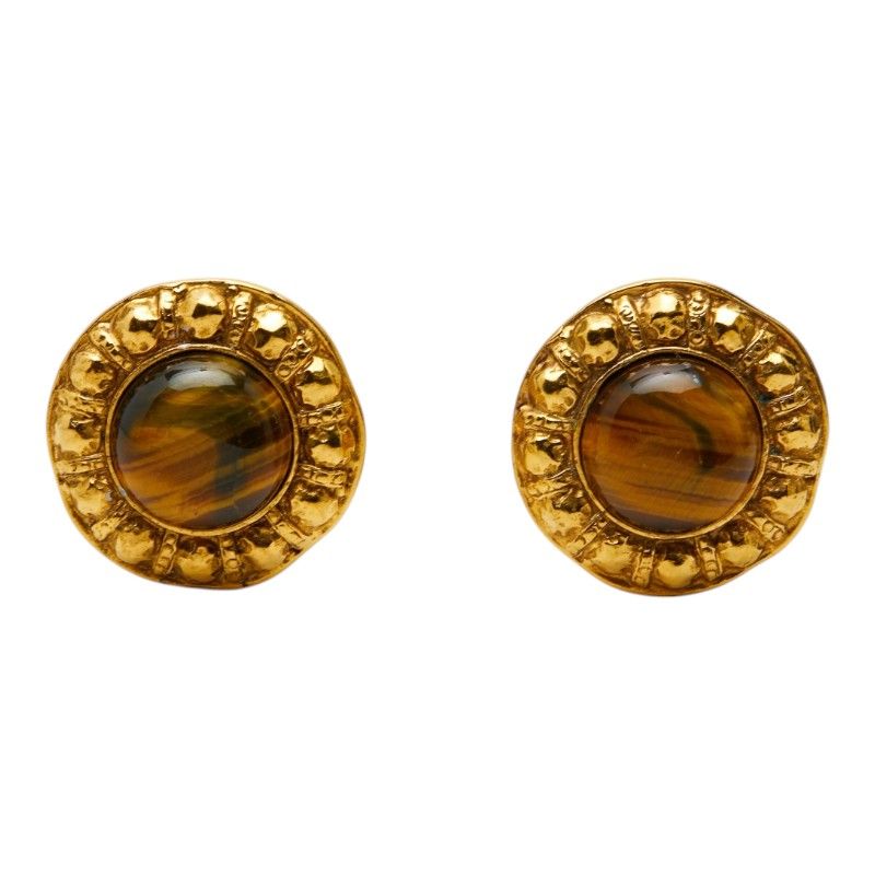 Chanel Round Earrings Gold Brown Plated Tiger — view 2