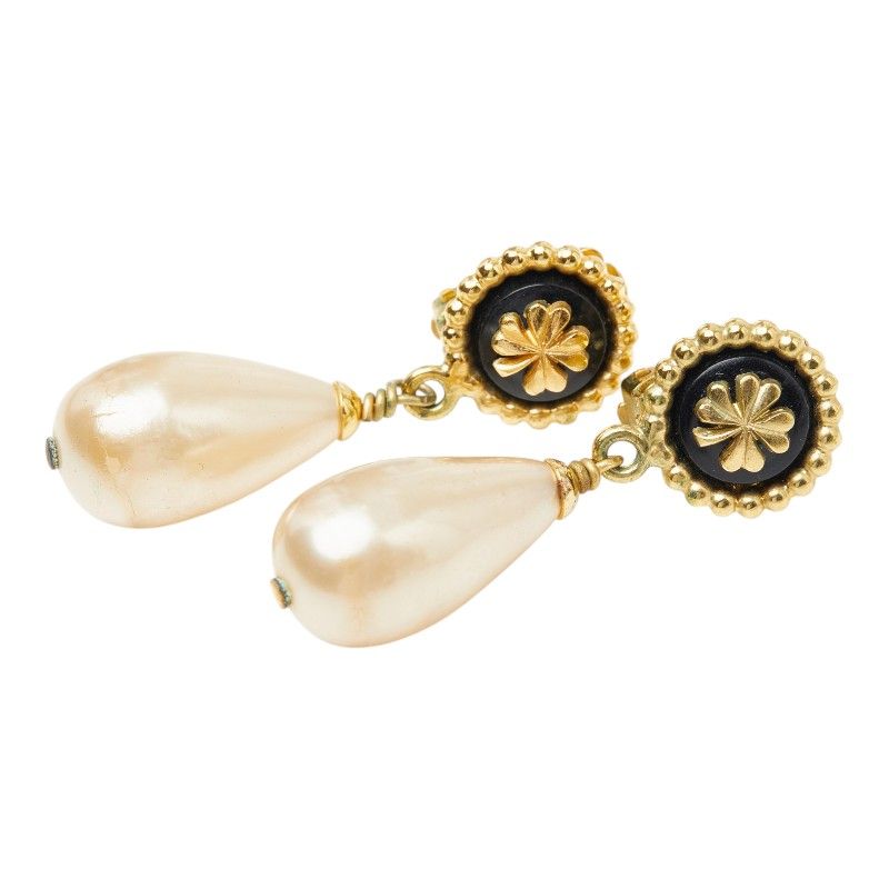 Chanel Clover Earrings Gold Plated Faux Pearl