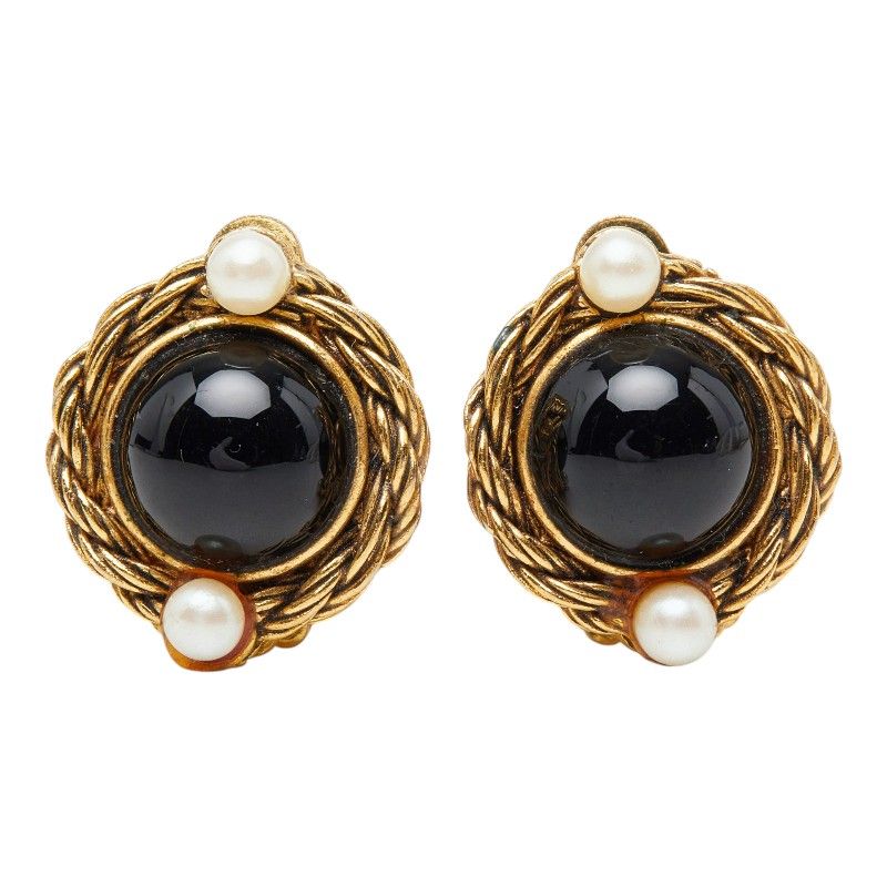 Chanel Earrings Gold Black Plated Faux Pearl Color Stone — view 2