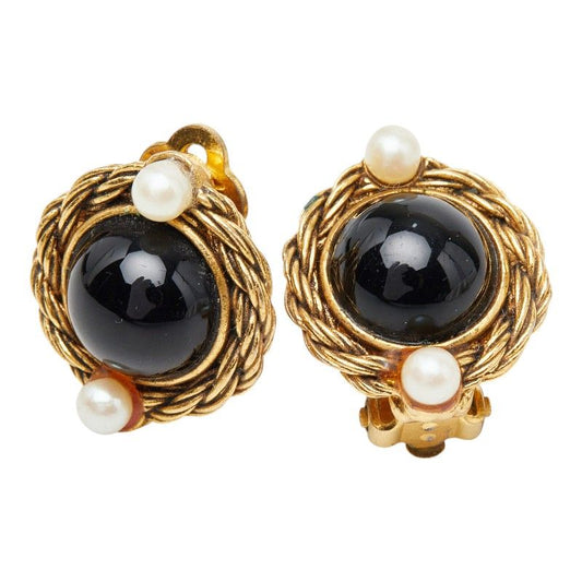 Chanel Earrings Gold Black Plated Faux Pearl Color Stone