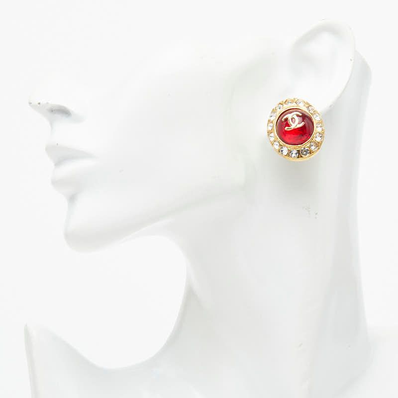 Chanel CC Logo Gripoix Rhinestone Earrings Gold Red Plated Glass — view 5