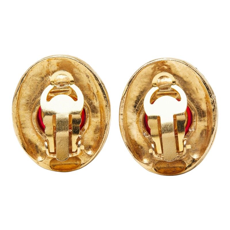 Chanel CC Logo Gripoix Rhinestone Earrings Gold Red Plated Glass — view 3