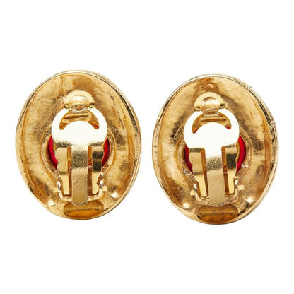 Chanel CC Logo Gripoix Rhinestone Earrings Gold Red Plated Glass — view 3