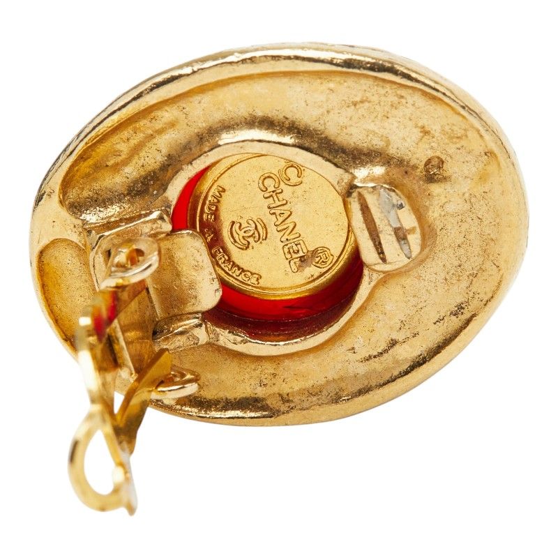 Chanel CC Logo Gripoix Rhinestone Earrings Gold Red Plated Glass — view 4