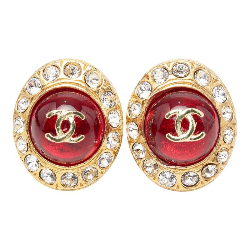 Chanel CC Logo Gripoix Rhinestone Earrings Gold Red Plated Glass — view 2