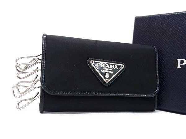 Prada Key Case Triangle Logo Black Tessuto Nylon Leather 6 Row Mark Silver