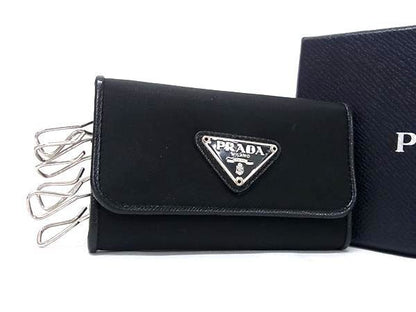 Prada Key Case Triangle Logo Black Tessuto Nylon Leather 6 Row Mark Silver