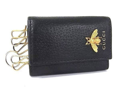 Gucci Key Case Animalier Black Leather Bee Gold Key Holder