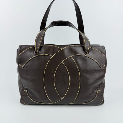 Chanel CC Logo Jumbo CC Tote Shoulder Bag Brown Leather Vintage — view 3