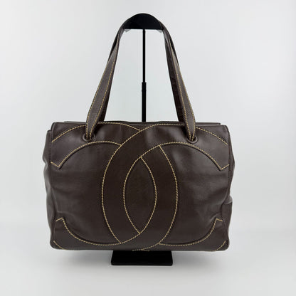 Chanel CC Logo Jumbo CC Tote Shoulder Bag Brown Leather Vintage — view 2