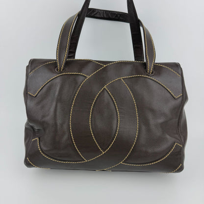 Chanel CC Logo Jumbo CC Tote Shoulder Bag Brown Leather Vintage — view 4