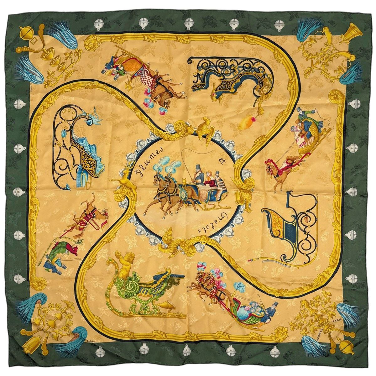 Hermes Carre 90 Plumes Et Grelots Feathers and Bells Scarf Silk Green Multi