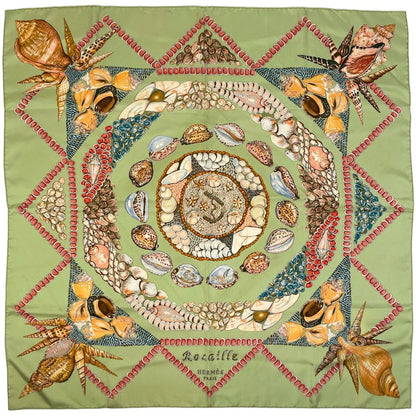 Hermes Carre 90 Rocaille Seashell Pattern Scarf Silk Green Multi