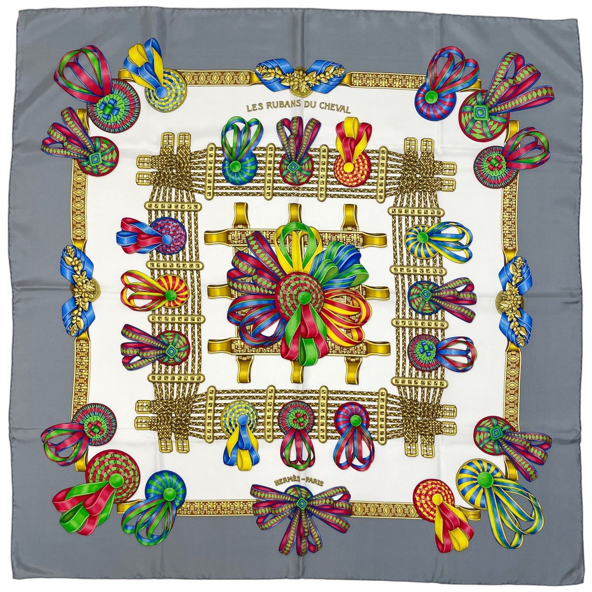 Hermes Carre 90 les Rubans du Cheval Horse Ribbon Scarf Silk White Multi