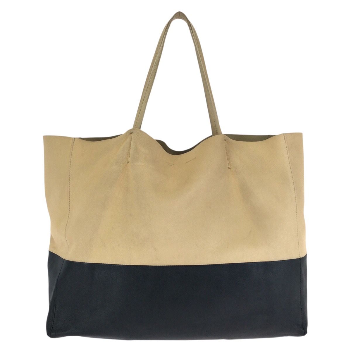 Celine Horizontal Cabas Bicolor Beige Black Gold Leather Tote Shoulder