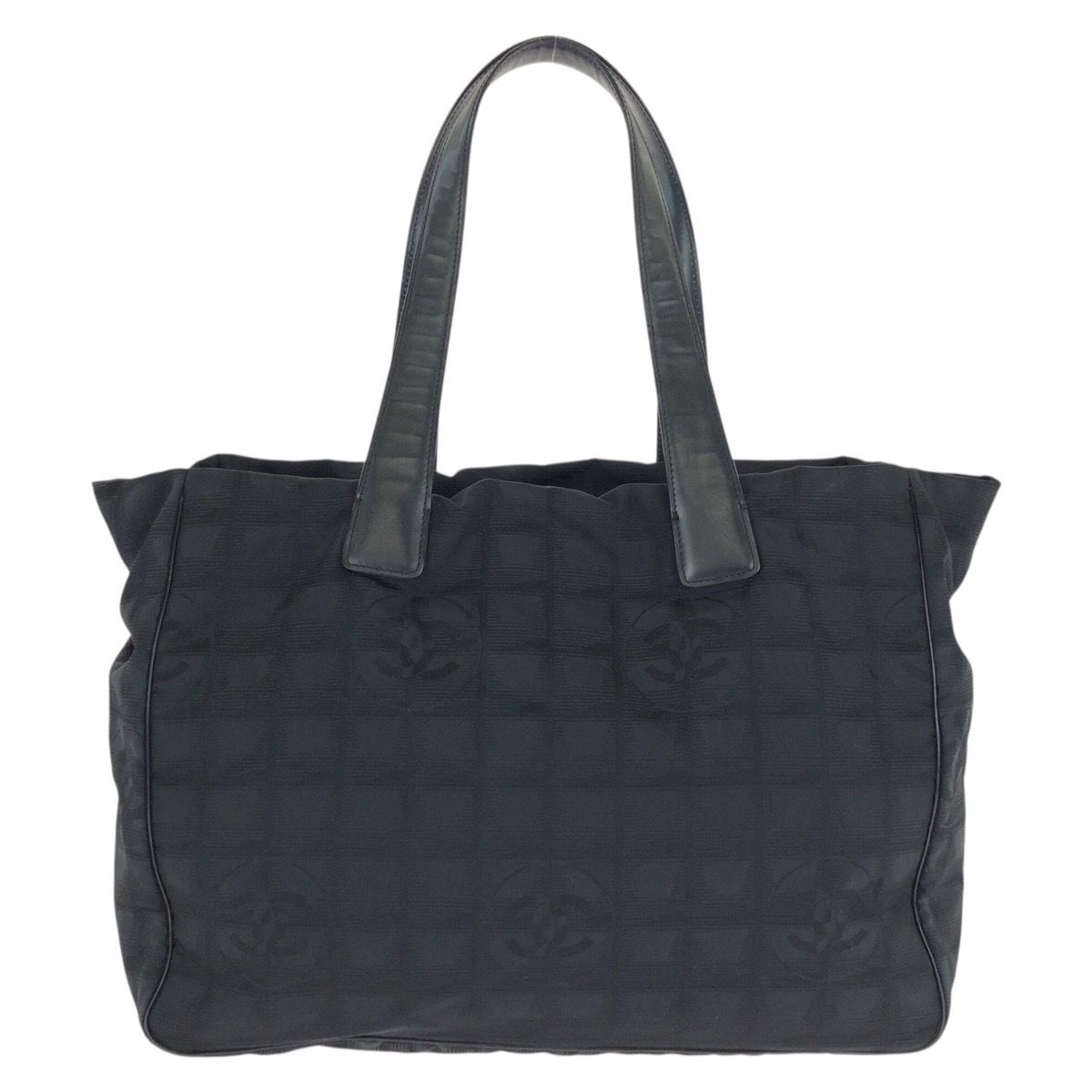 Chanel Vintage New Travel Line MM CC Logo Black Gold Nylon Leather Tote