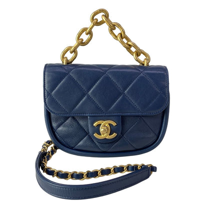 Chanel Shoulder Bag Quilted Half Moon Navy Chain Matte Togo Metal