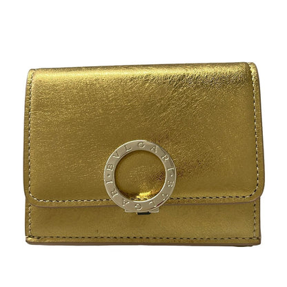 Bvlgari Trifold Wallet Gold Beige Leather