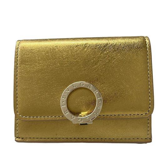 Bvlgari Trifold Wallet Gold Beige Leather