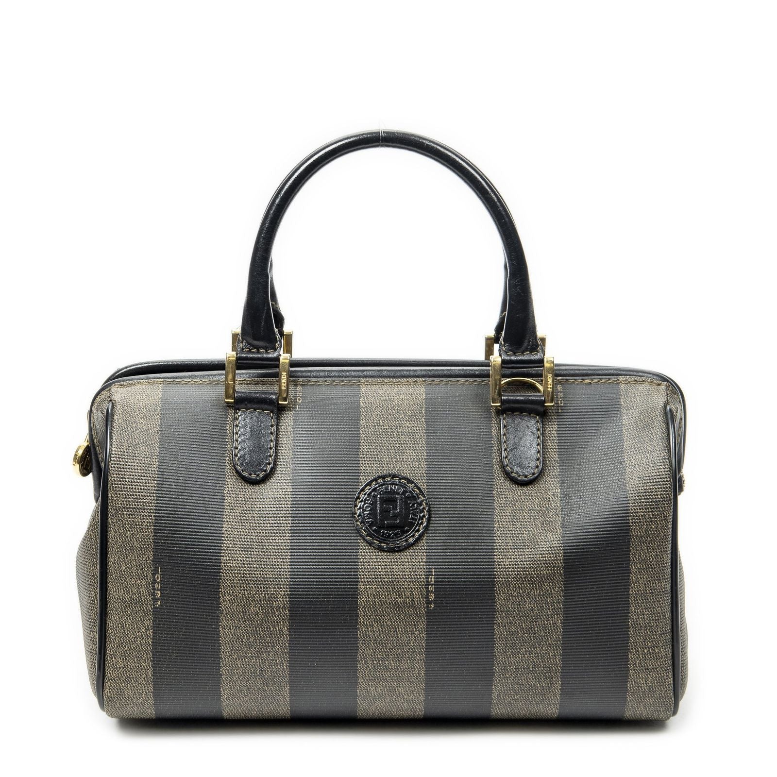 Fendi Frame Boston Brown Black Pecan Stripe Canvas Shoulder