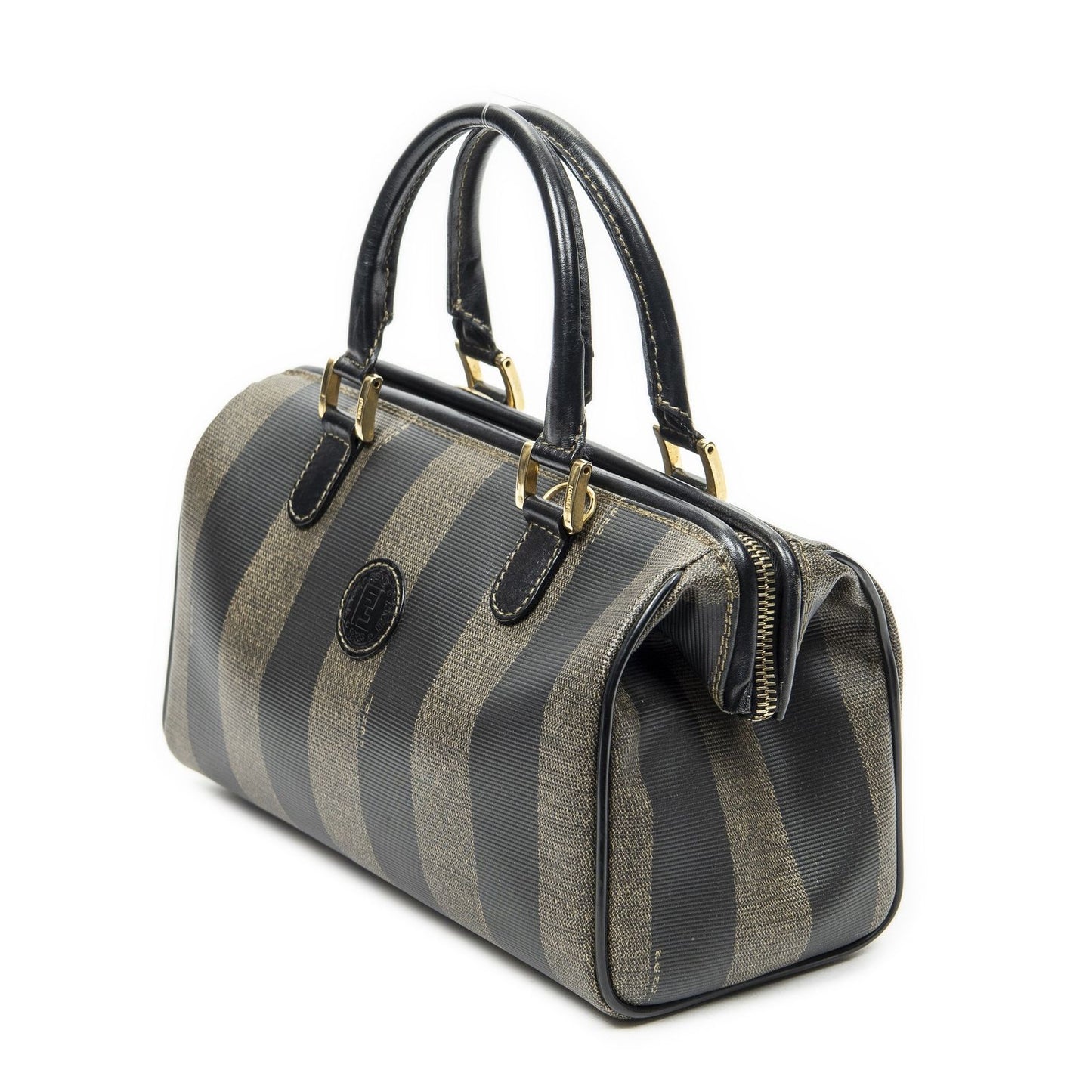 Fendi Frame Boston Brown Black Pecan Stripe Canvas Shoulder — view 2