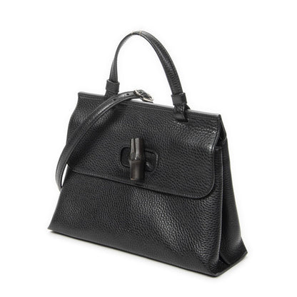 Gucci Small Bamboo Top Handle Flap Black Gray Calfskin Leather — view 2