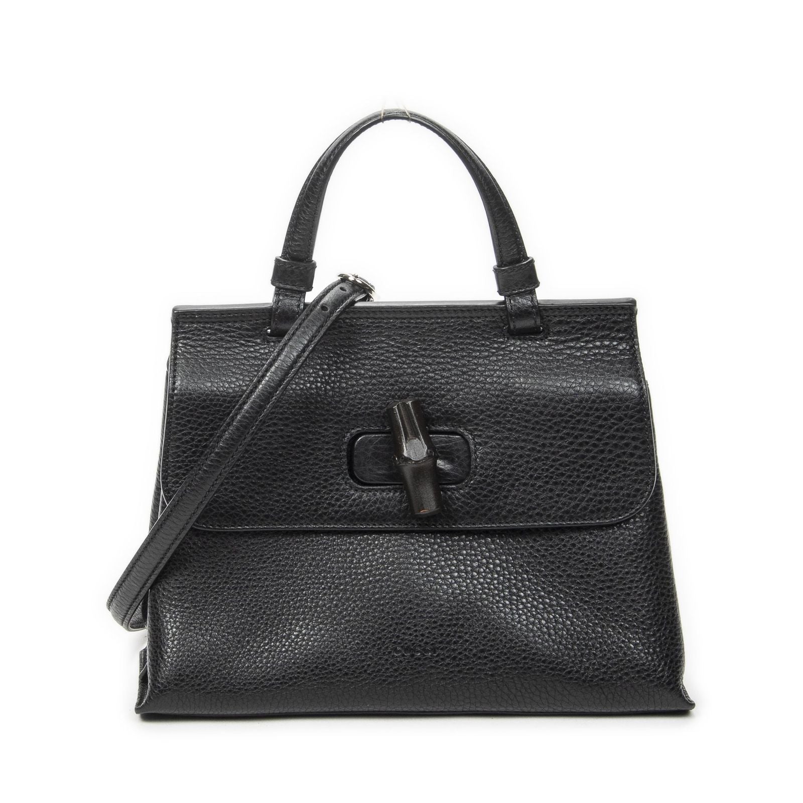 Gucci Small Bamboo Top Handle Flap Black Gray Calfskin Leather