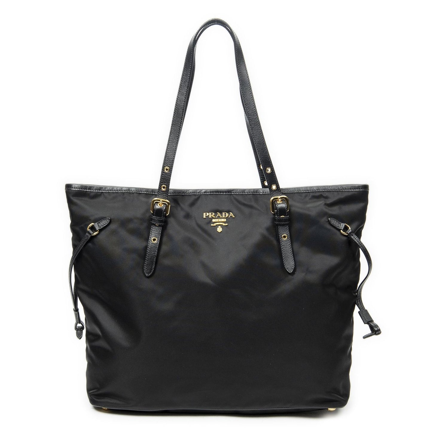Prada Side Drawstring Shopping Tote Black Nylon Canvas