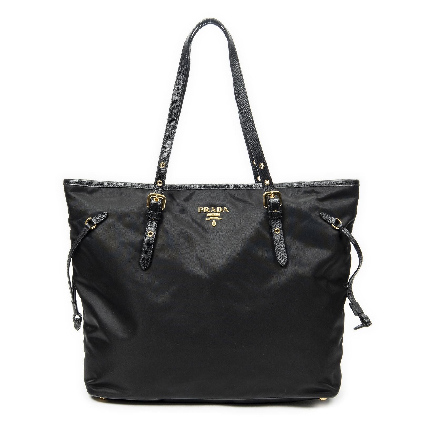 Prada Side Drawstring Shopping Tote Black Nylon Canvas
