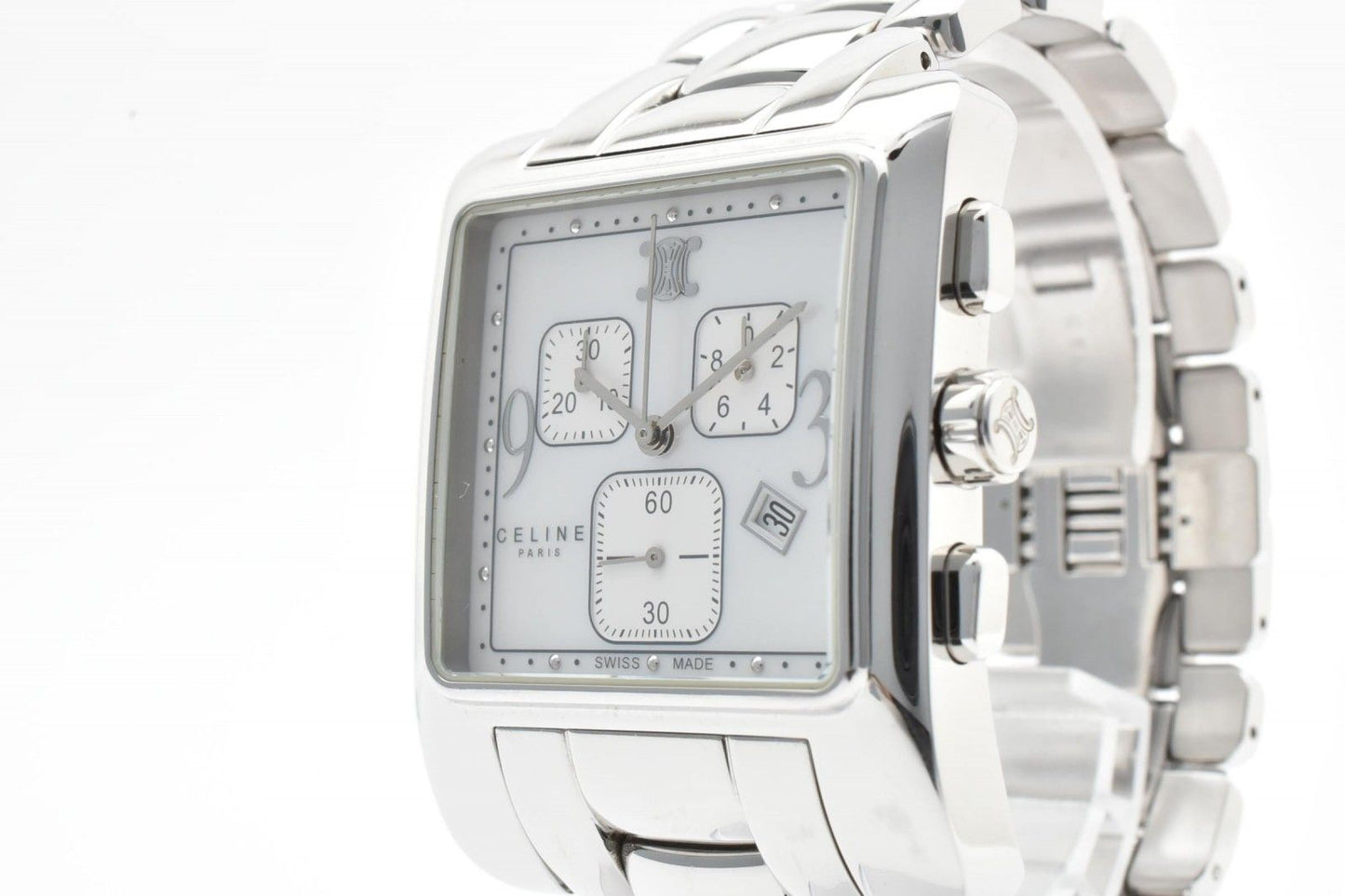 Celine Chronograph Watch Square Silver Dial Stainless Steel Quartz Date