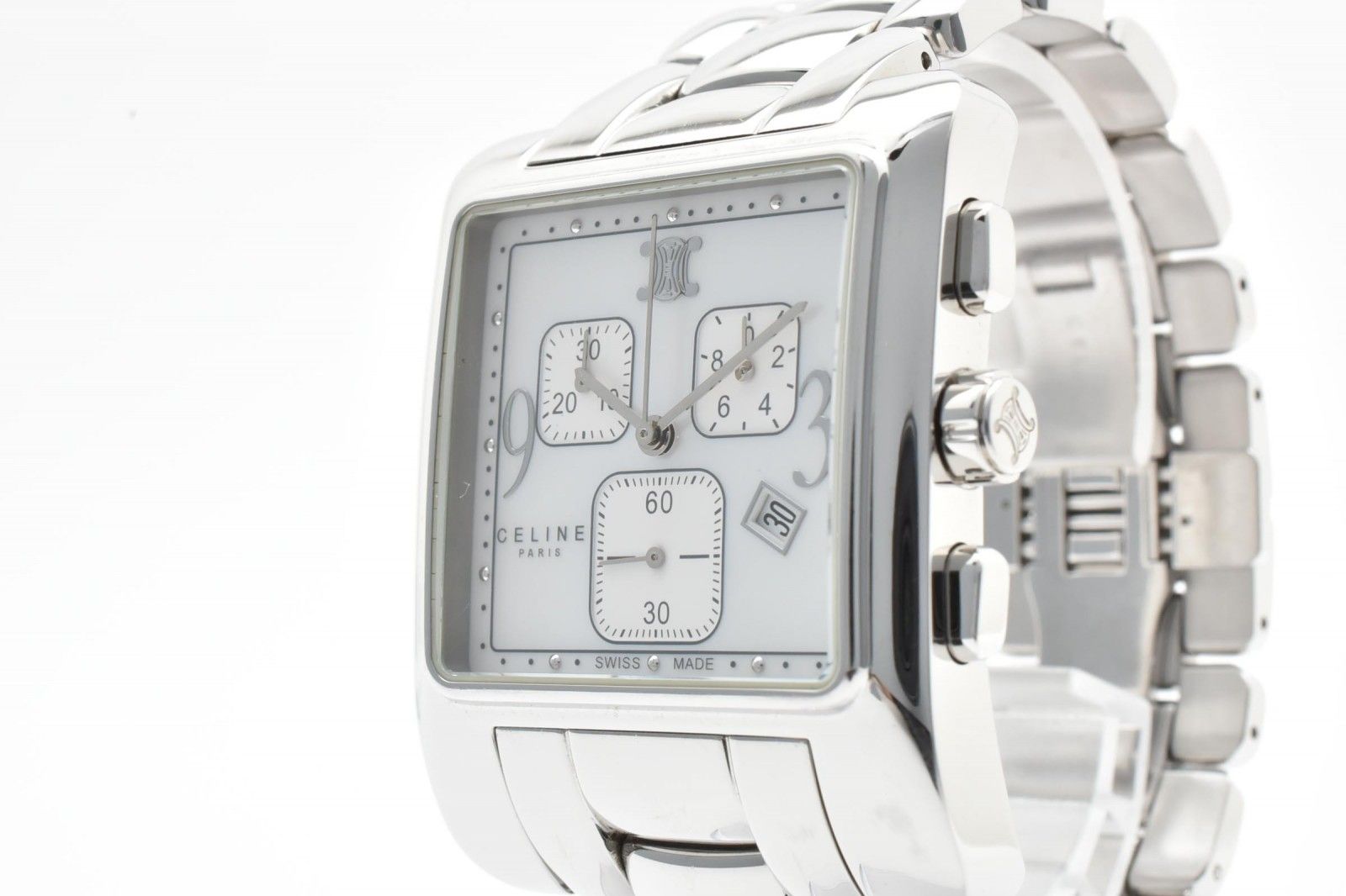 Celine Chronograph Watch Square Silver Dial Stainless Steel Quartz Date
