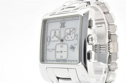 Celine Chronograph Watch Square Silver Dial Stainless Steel Quartz Date