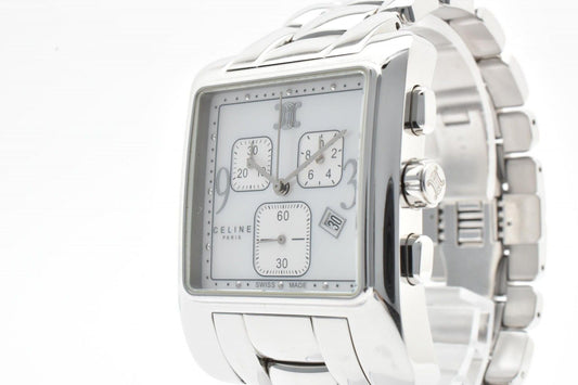 Celine Chronograph Watch Square Silver Dial Stainless Steel Quartz Date