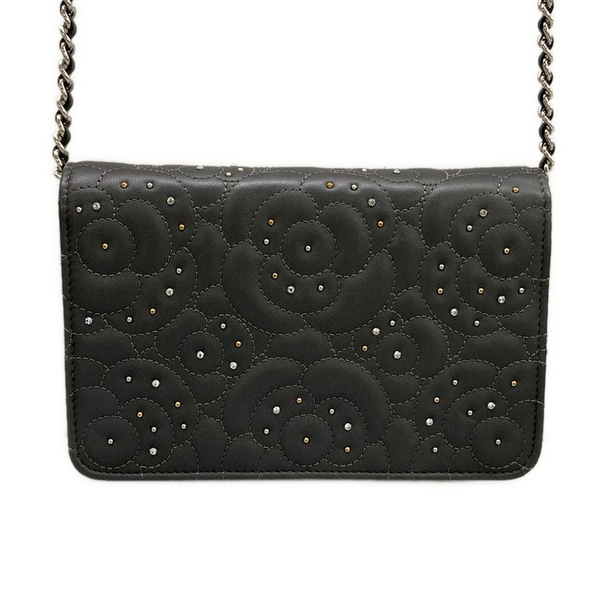 Chanel Wallet Camellia Dark Gray Chain Rhinestone Studs Silver Lambskin — view 2