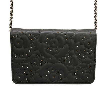 Chanel Wallet Camellia Dark Gray Chain Rhinestone Studs Silver Lambskin — view 2