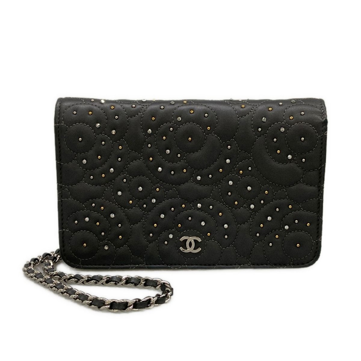 Chanel Wallet Camellia Dark Gray Chain Rhinestone Studs Silver Lambskin