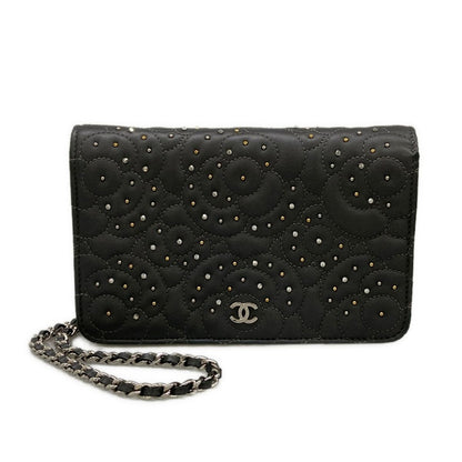 Chanel Wallet Camellia Dark Gray Chain Rhinestone Studs Silver Lambskin