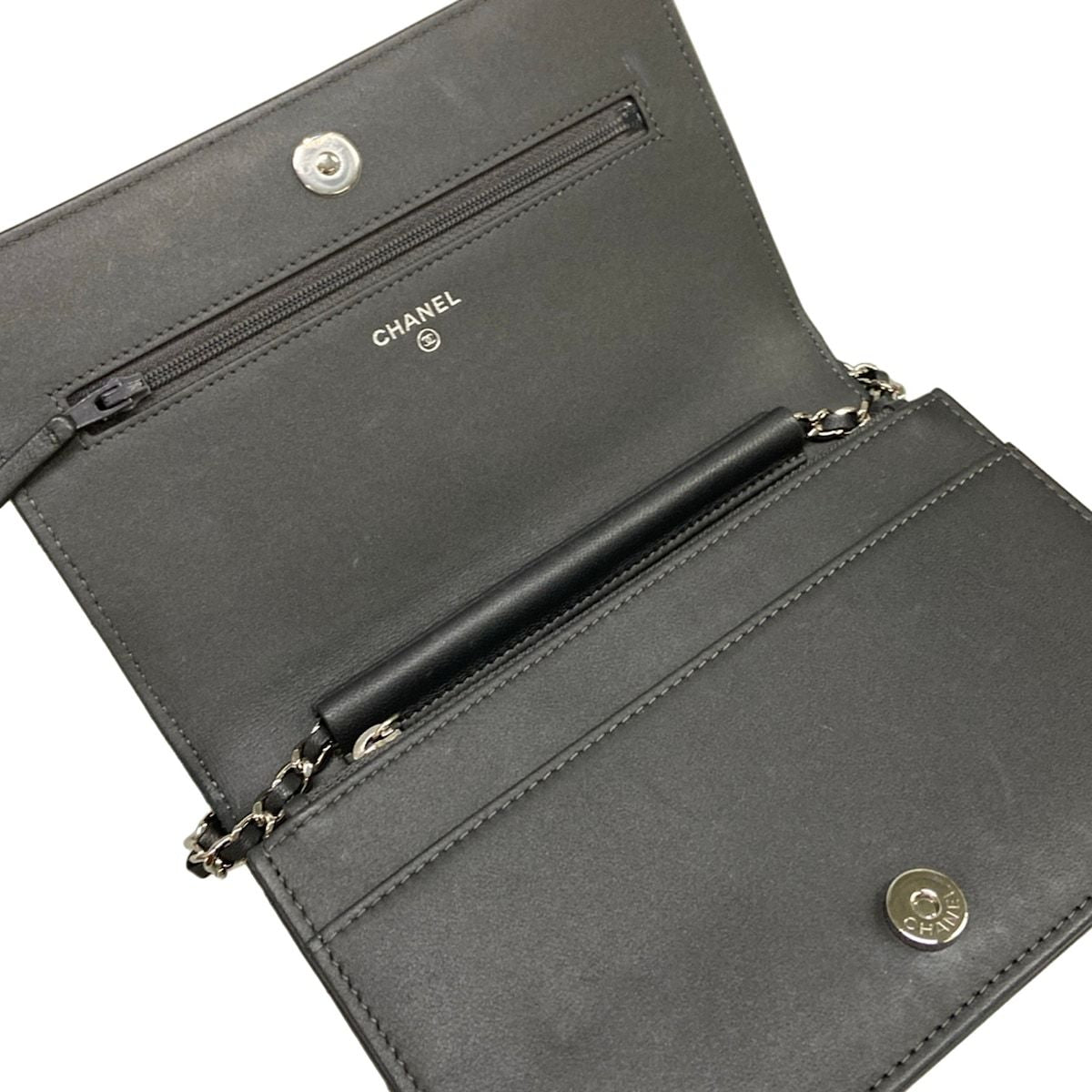 Chanel Wallet Camellia Dark Gray Chain Rhinestone Studs Silver Lambskin — view 3